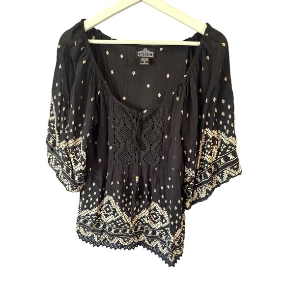 Angie Boho Black Cream Geometric Lace Crochet Top Womens S Rayon Blouse Festival - Picture 2 of 7